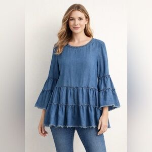 John Mark Denim Blue Ruffle Tunic